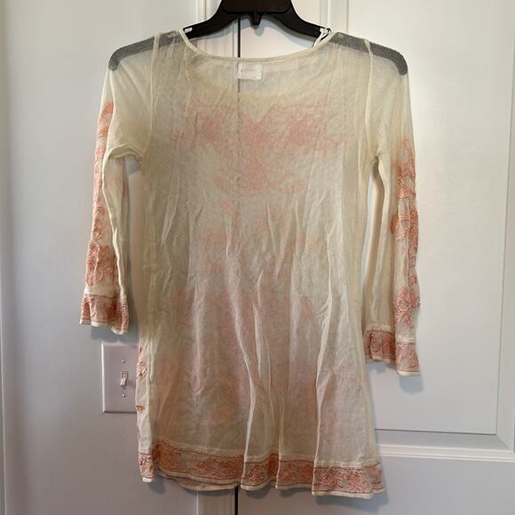 Free People Cream & Pink Mesh Embroidered Bell Sleeve Cotton Blend Tunic Top - Picture 2 of 11